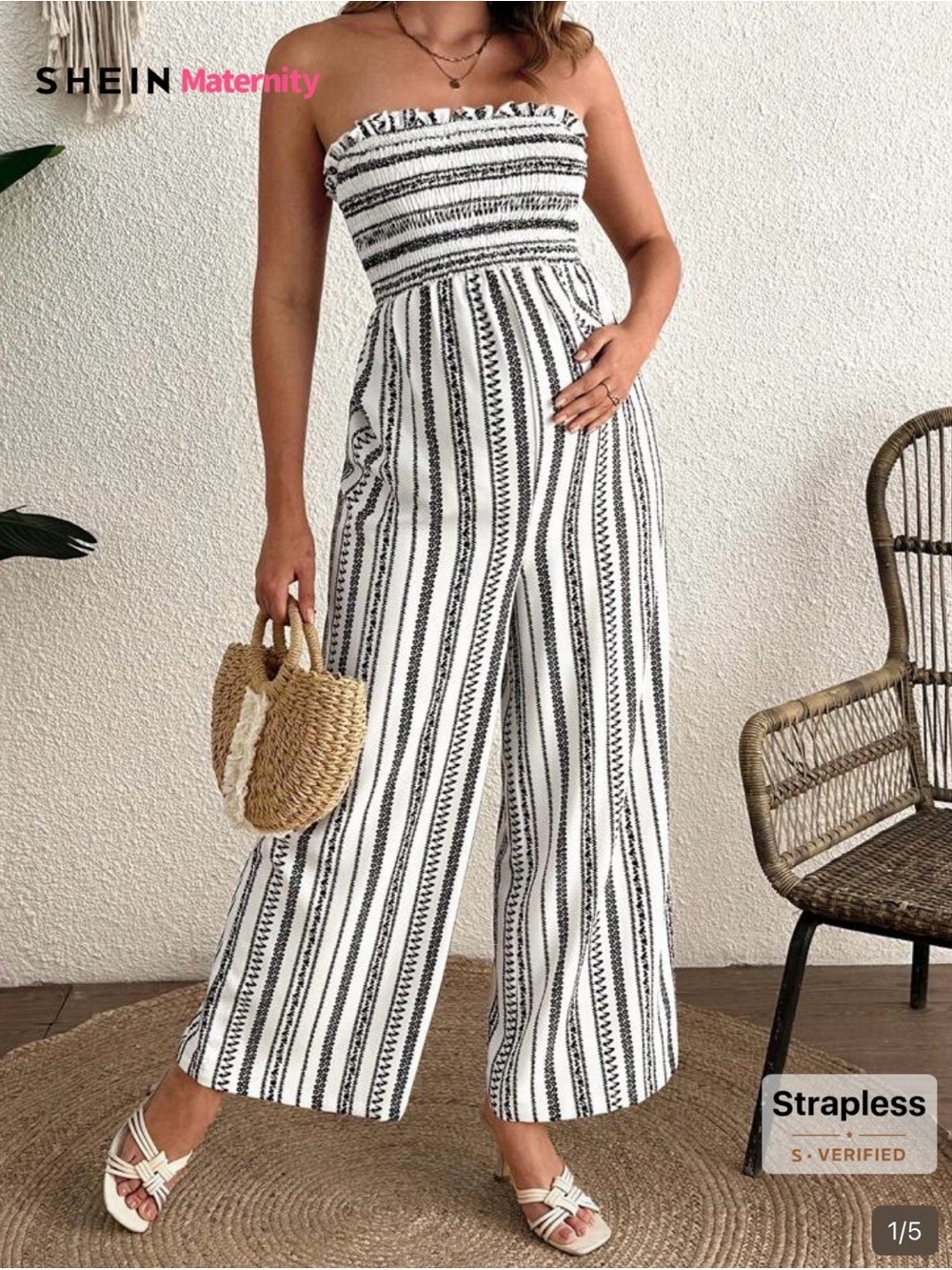 Black & White Strapless Maternity  Smocked Jumpsuit
